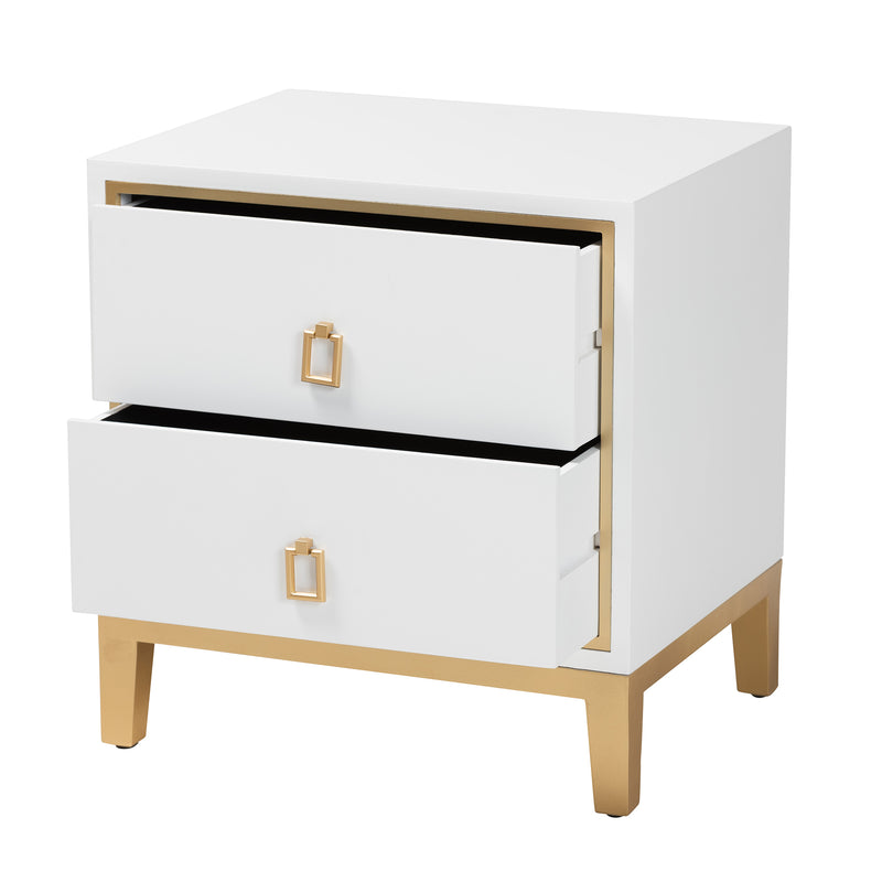 Donald End Table Modern Glam and Luxe White Finished Wood and Gold Metal 2-Drawer