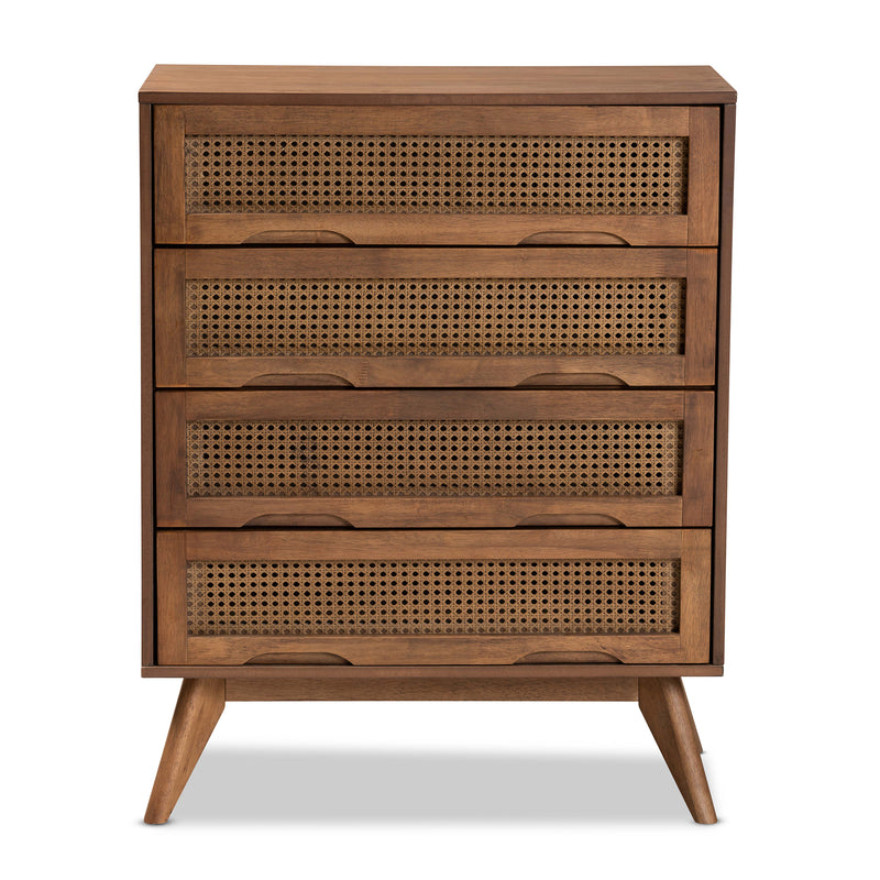 Barrett Mid-Century Modern 4-Drawer Chest in Walnut Brown Wood and Synthetic Rattan for Stylish Storage Solutions