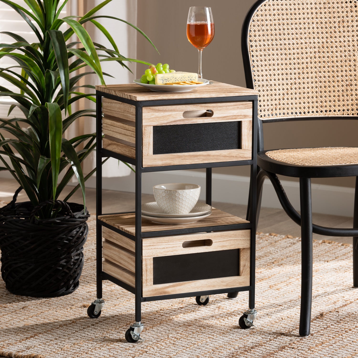 Olinda End Table Modern Industrial Design with Oak Brown Wood and Black Metal Featuring 2 Storage Drawers