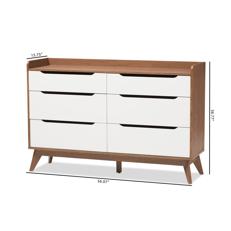 Brighton Dresser Mid-Century Modern 6-Drawer Storage in White and Walnut Wood, Stylish Bedroom Furniture for Organized Spaces