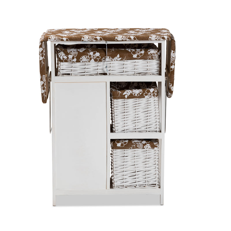 Abril Multi-Colored Fabric Upholstered Ironing Board Cabinet with Drop Leaf Design and White Wood Finish, Includes Woven Storage Baskets