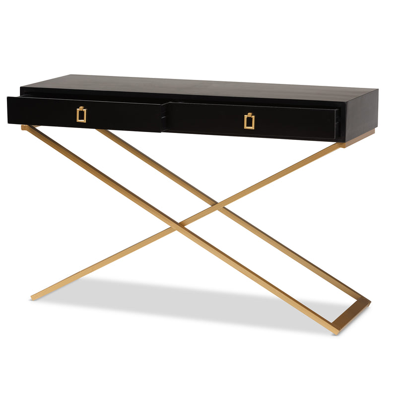 Madan Console Table Modern and Contemporary Black Finished Wood and Gold Metal 2-Drawer