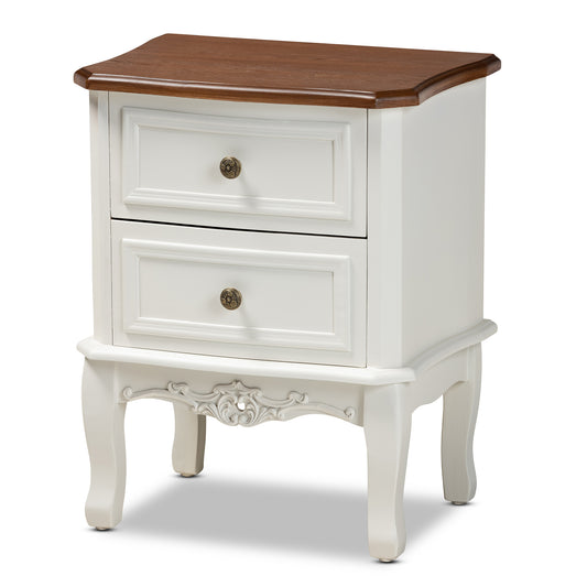 Darlene End Table Classic French Design in White and Cherry Brown Finished Wood with 2 Storage Drawers