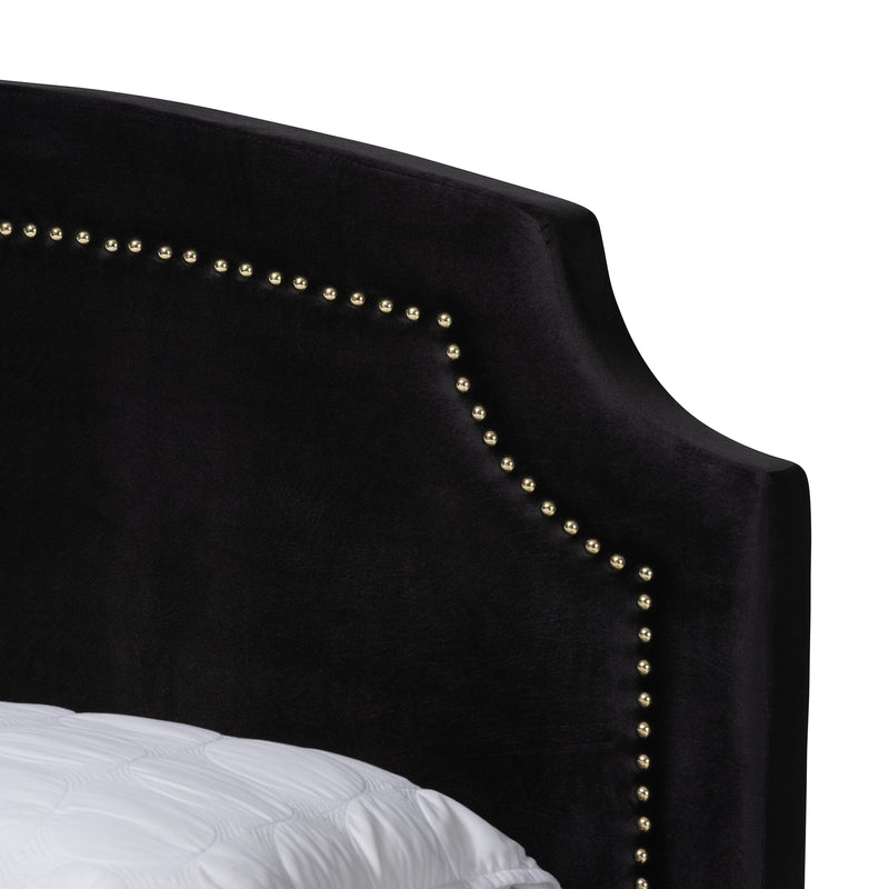 Oxley Queen Size Panel Bed in Glam Black Velvet with Gold Accents