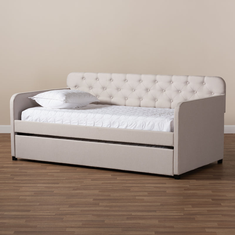 Camelia Sofa Daybed - Modern and Contemporary Beige Fabric Upholstered Button-Tufted with Roll-Out Trundle Guest Bed