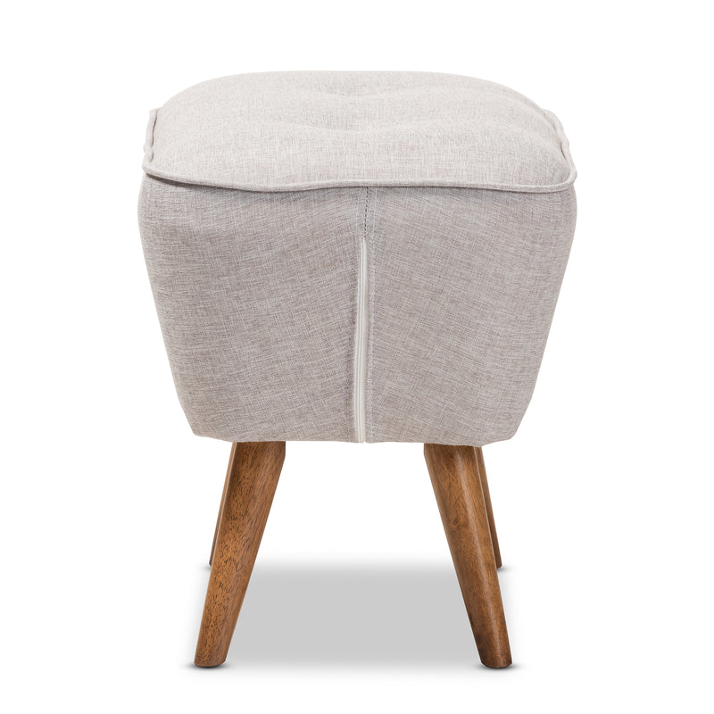 Petronelle Ottoman Mid-Century Modern Greyish Beige Fabric Upholstered Walnut Brown Finished Wood