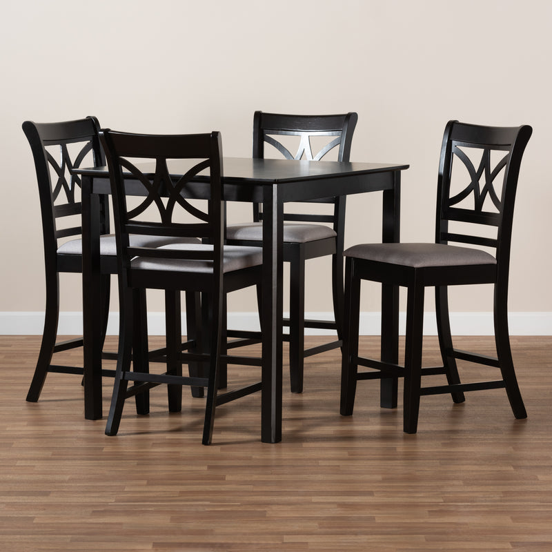 Chandler Dining Set Modern and Contemporary Grey Fabric Upholstered Espresso Brown Finished Wood 5-Piece Counter Height Pub