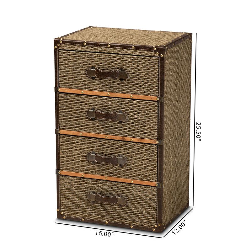 Owen Accent Storage Cabinet Mid-Century Modern Design with Brown Fabric Upholstery and 4 Drawers for Stylish Organization