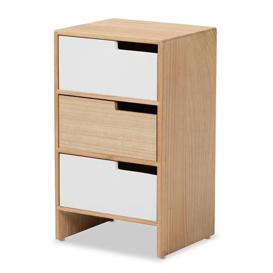 Eben Modern 3-Drawer Storage Cabinet in Two-Tone White and Oak Brown Finish, Stylish Wood Furniture for Home Organization and Decor