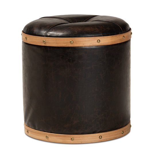 Farrow Ottoman Modern Rustic Transitional Design Dark Brown Faux Leather Oak Brown Finished Wood Base