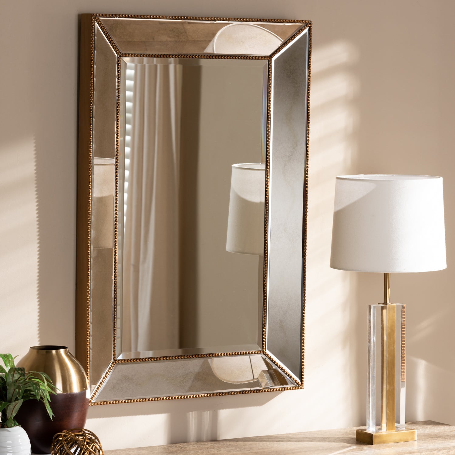 Neva Accent Wall Mirror Modern Rectangular Design with Antique Gold Finish for Home Decor