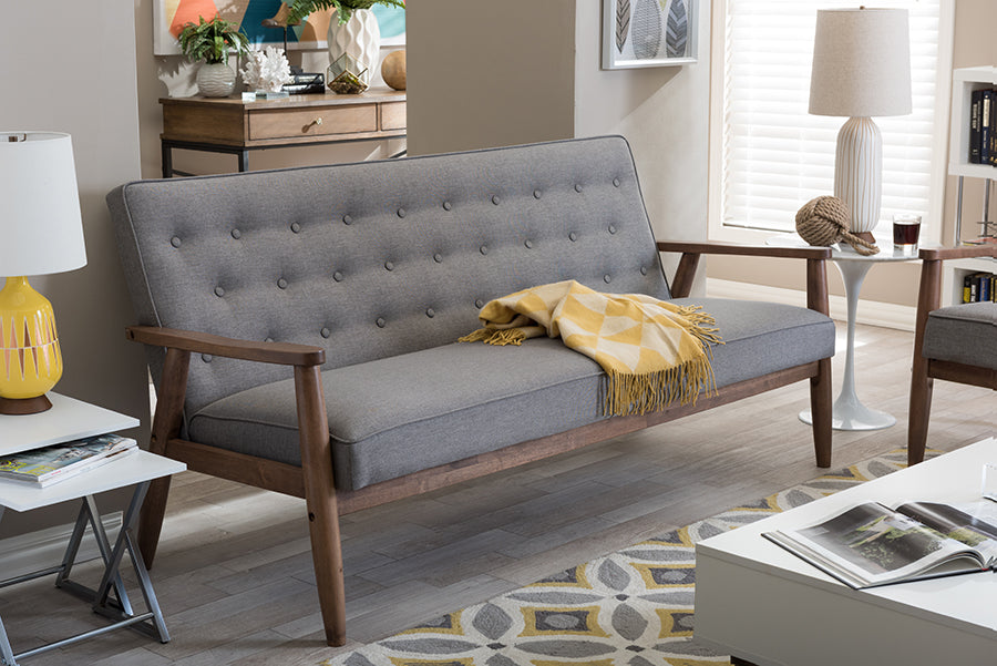 Sorrento Sofa Mid-century Retro Modern Grey Fabric Upholstered Wooden 3-seater