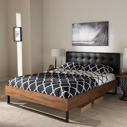 Mitchell Platform Bed - Rustic Industrial Walnut Wood with Black Faux Leather and Dark Bronze Metal