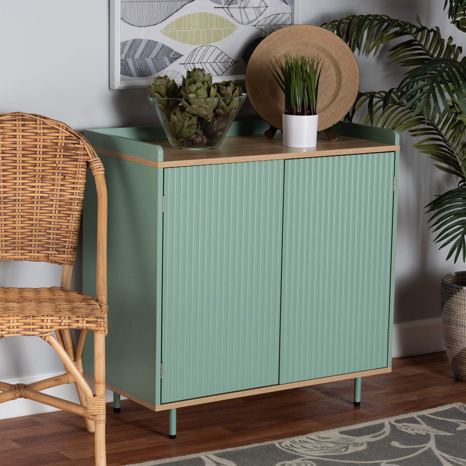 Tavita Mid-Century Modern Sideboard Buffet - Two-Tone Mint Green and Oak Wood 2-Door Storage Cabinet for Dining or Living Room