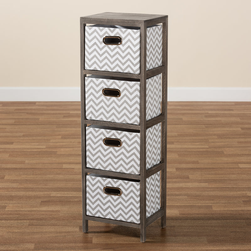 Jorah Tallboy Storage Unit - Modern Grey and White Fabric Upholstered with Greywashed Wood and 4 Baskets for Stylish Organization