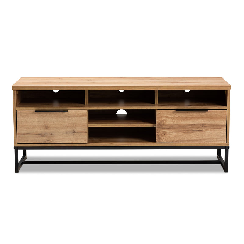 Reid TV Stand Modern Contemporary Industrial Design Oak Finished Wood Black Metal 2 Drawers for Storage