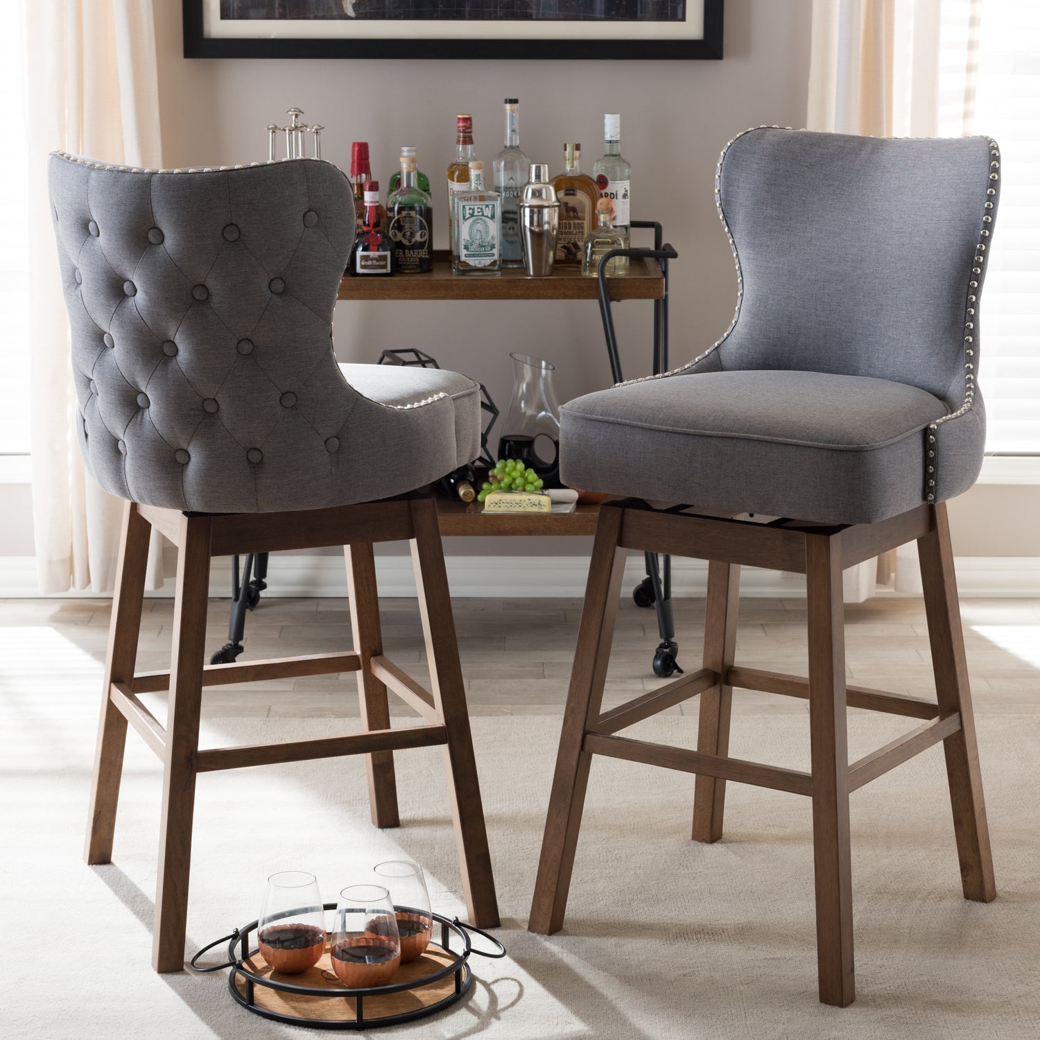 Gradisca Barstool Set Modern and Contemporary Brown Wood Finishing and Grey Fabric Button-Tufted Upholstered 2-Piece