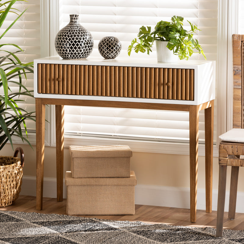 Odile Console Table - Mid-Century Modern Two-Tone Natural Brown and White Bayur Wood with 1 Drawer for Stylish Storage and Display