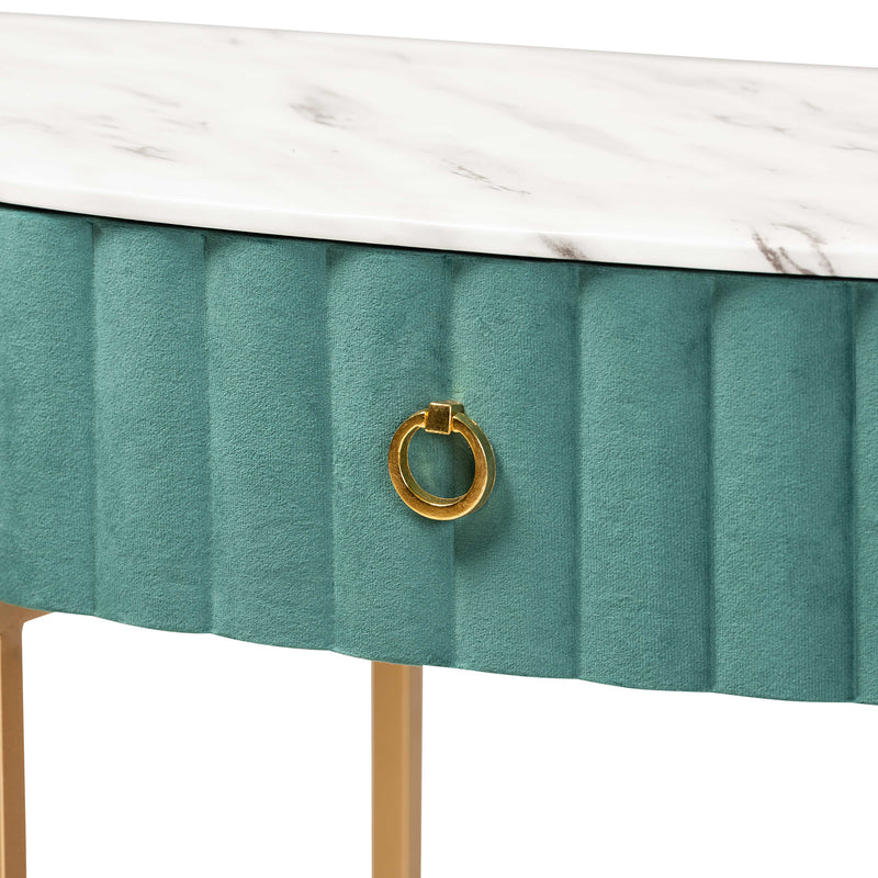 Beale Luxe Console Table Glam Green Velvet Upholstered Design with Brushed Gold Finish and Faux Marble Top, Includes 1 Stylish Storage Drawer