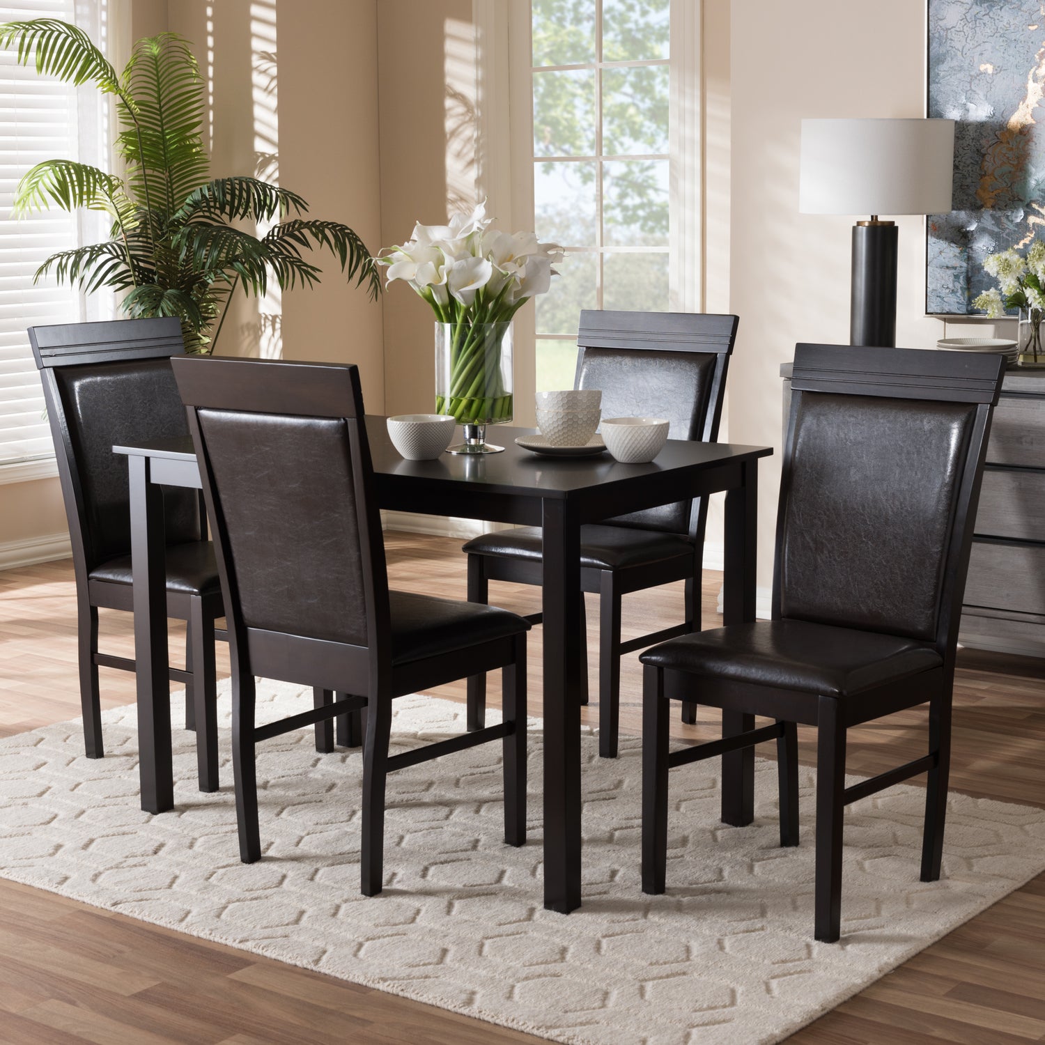 Thea 5-Piece Dining Set in Modern Dark Brown Faux Leather Upholstery