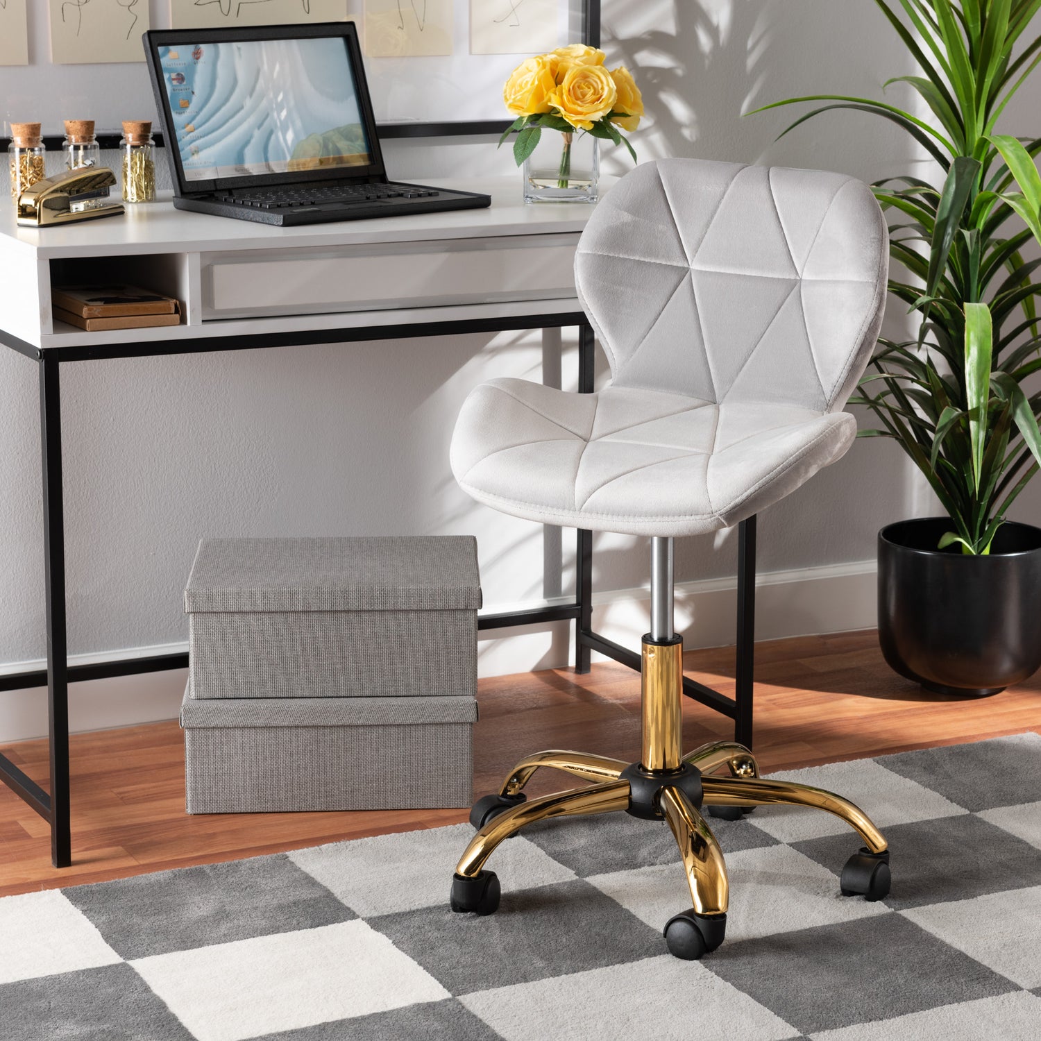 Savara Office Chair Contemporary Glam and Luxe Grey Velvet Fabric and Gold Metal Swivel