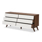 Hildon Mid-Century Modern 6-Drawer Storage Dresser in White and Walnut for Stylish Bedroom Organization