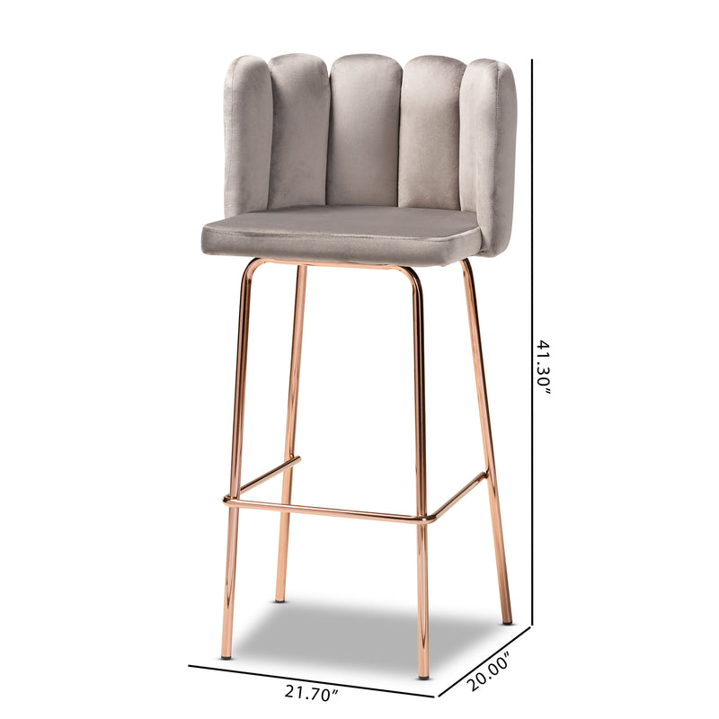 Kaelin Luxe Grey Velvet Bar Stool Set Glam 4-Piece Upholstered Design with Rose Gold Finish