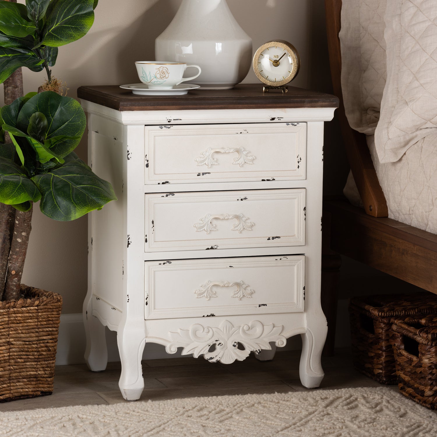 Levron End Table Classic Walnut Brown and Antique White Wood with 3 Drawers for Living Room or Bedroom Storage