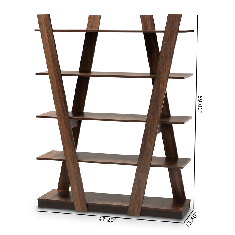 Michio 5-Tier Wood Display Shelf Modern Walnut Brown Geometric Design for Living Room Storage and Decoration