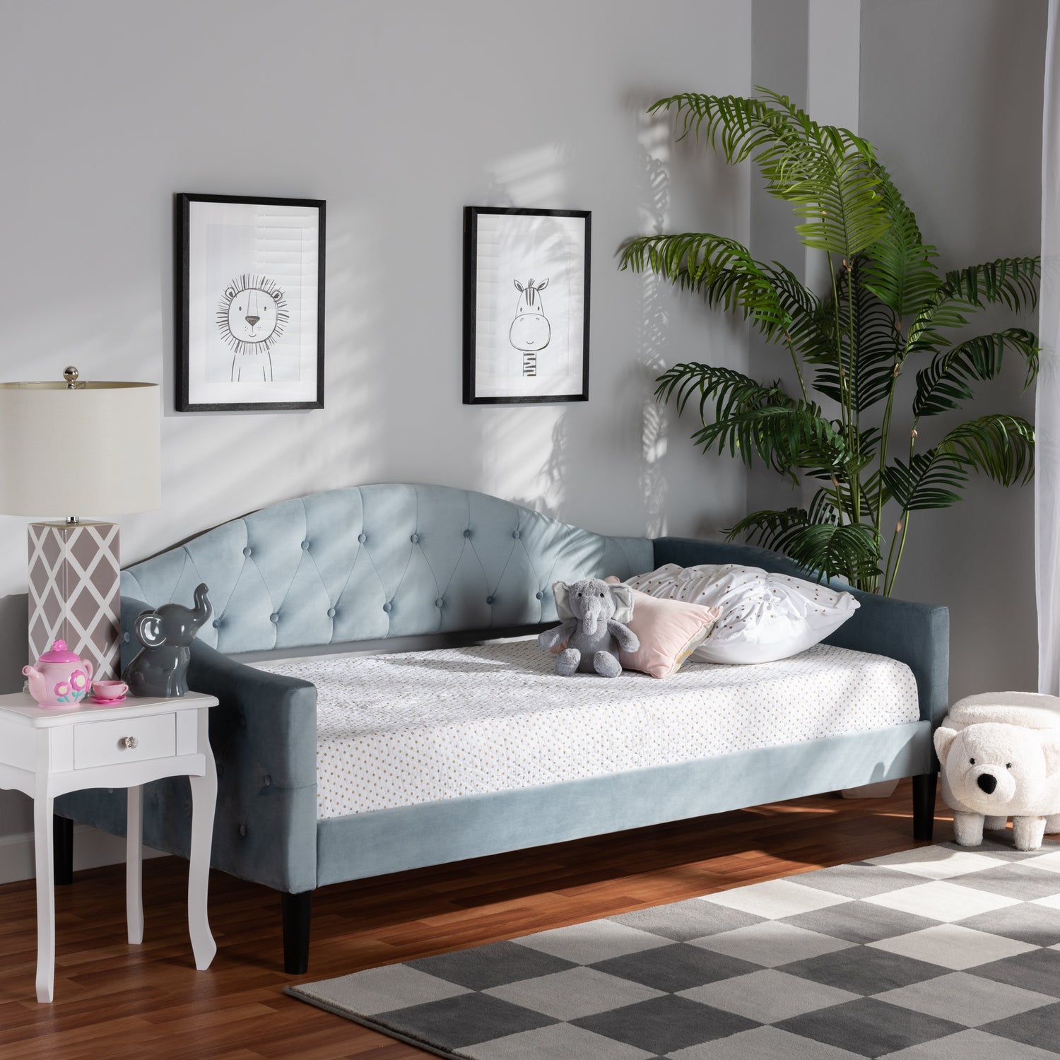 Benjamin Daybed - Modern and Contemporary Light Blue Velvet Fabric Upholstered with Dark Brown Finished Wood