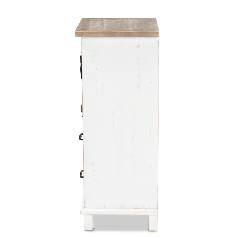 Faron Storage Cabinet Classic Farmhouse Style Two-Tone Distressed White and Oak Brown Finish with 2 Drawers for Organized Storage