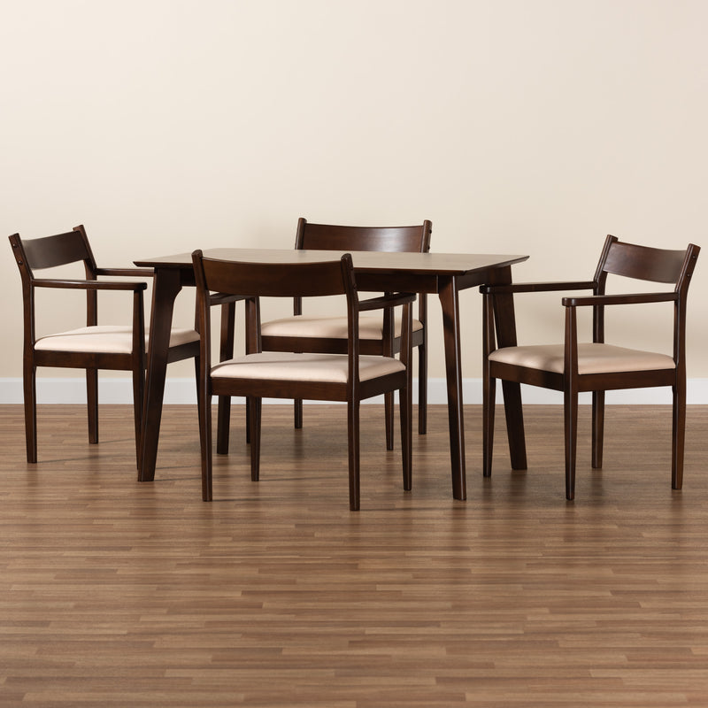 Coretta Dining Set Mid-Century Modern Cream Fabric and Dark Brown Finished Wood 5-Piece