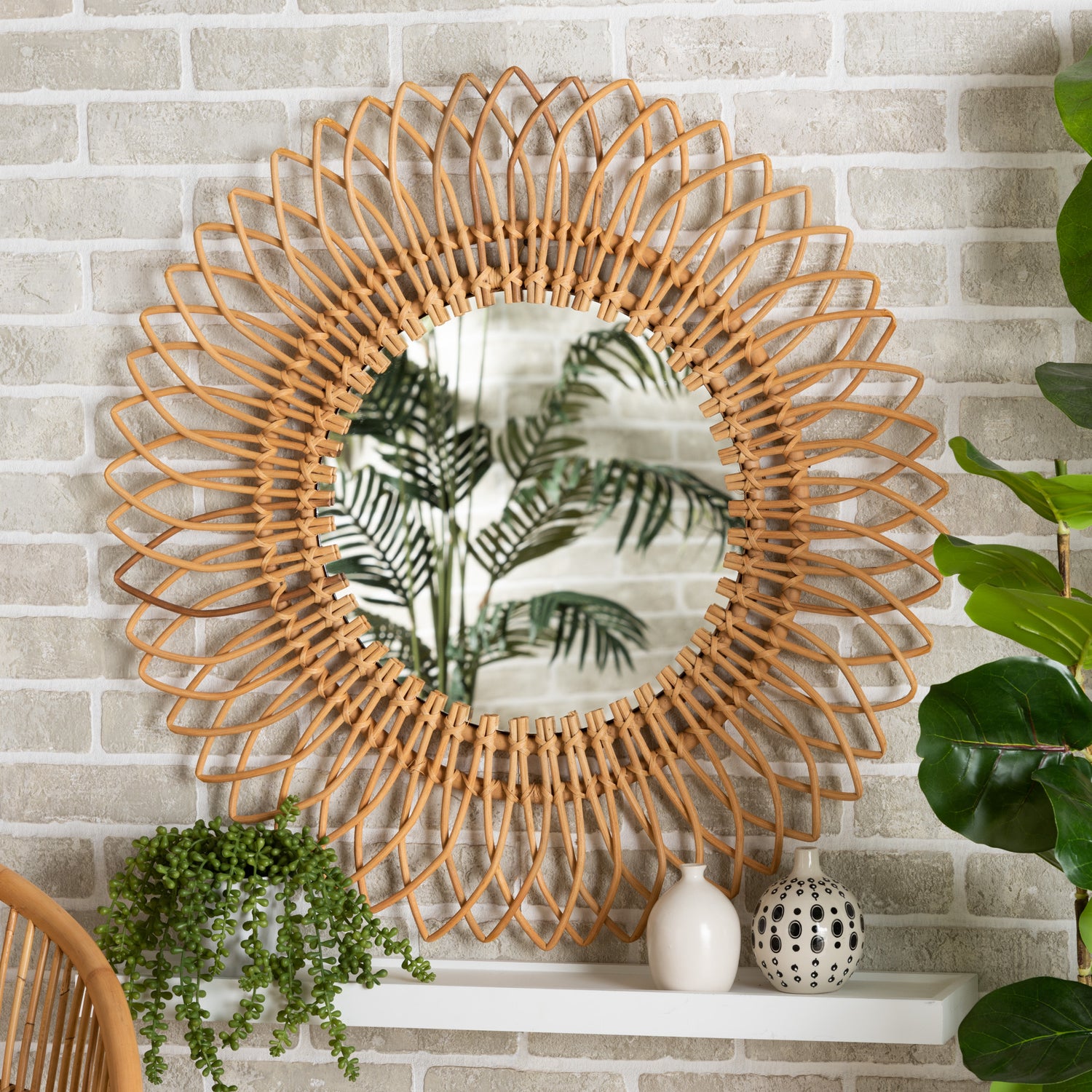 Bora Modern Bohemian Rattan Accent Wall Mirror in Natural Brown for Chic Home Decor