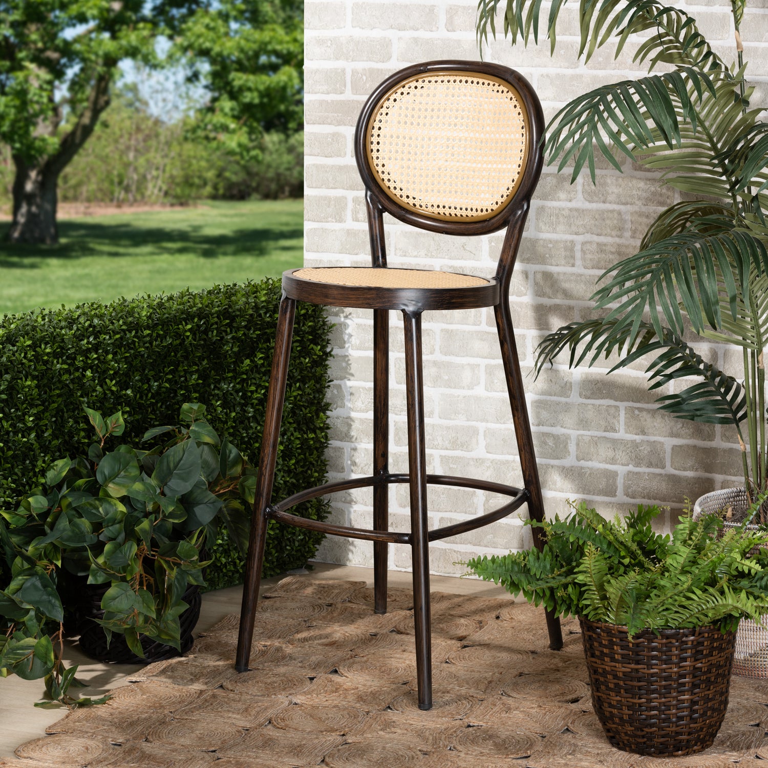 Thalia Outdoor Bar Stool - Mid-Century Modern Dark Brown Metal and Synthetic Rattan for Stylish Patio Seating