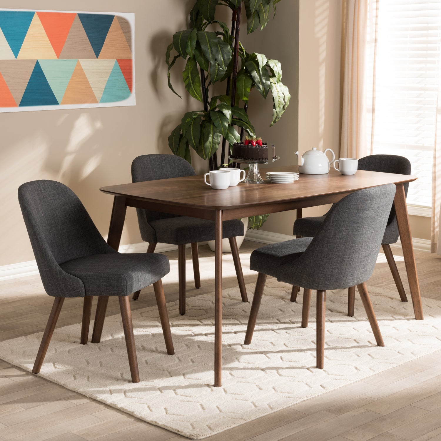 Cody Dining Set Mid-Century Modern Dark Grey Fabric Upholstered Walnut Finished Wood 5-Piece