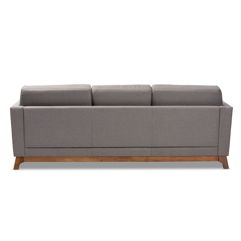 Sava Mid-Century Modern Sofa Grey Fabric Upholstered 3-Seater with Walnut Wood Frame Stylish Living Room Furniture