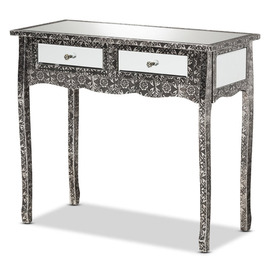 Wycliff Console Table - Industrial Glam Design with Silver Metal and Mirrored Glass, Featuring 2 Drawers for Stylish Storage