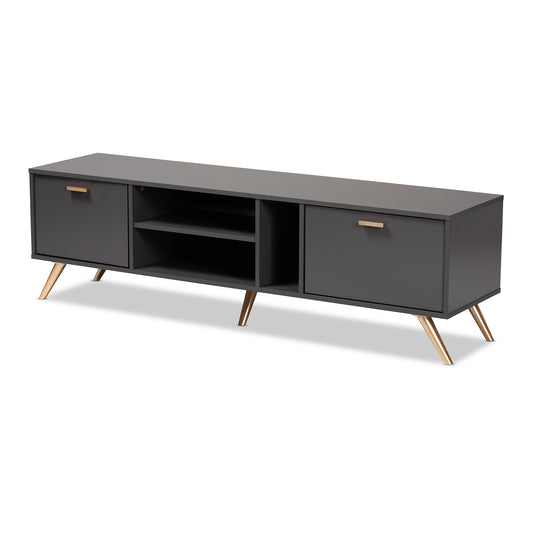 Kelson Modern TV Stand Contemporary Dark Grey and Gold Finished Wood Entertainment Center for Living Room