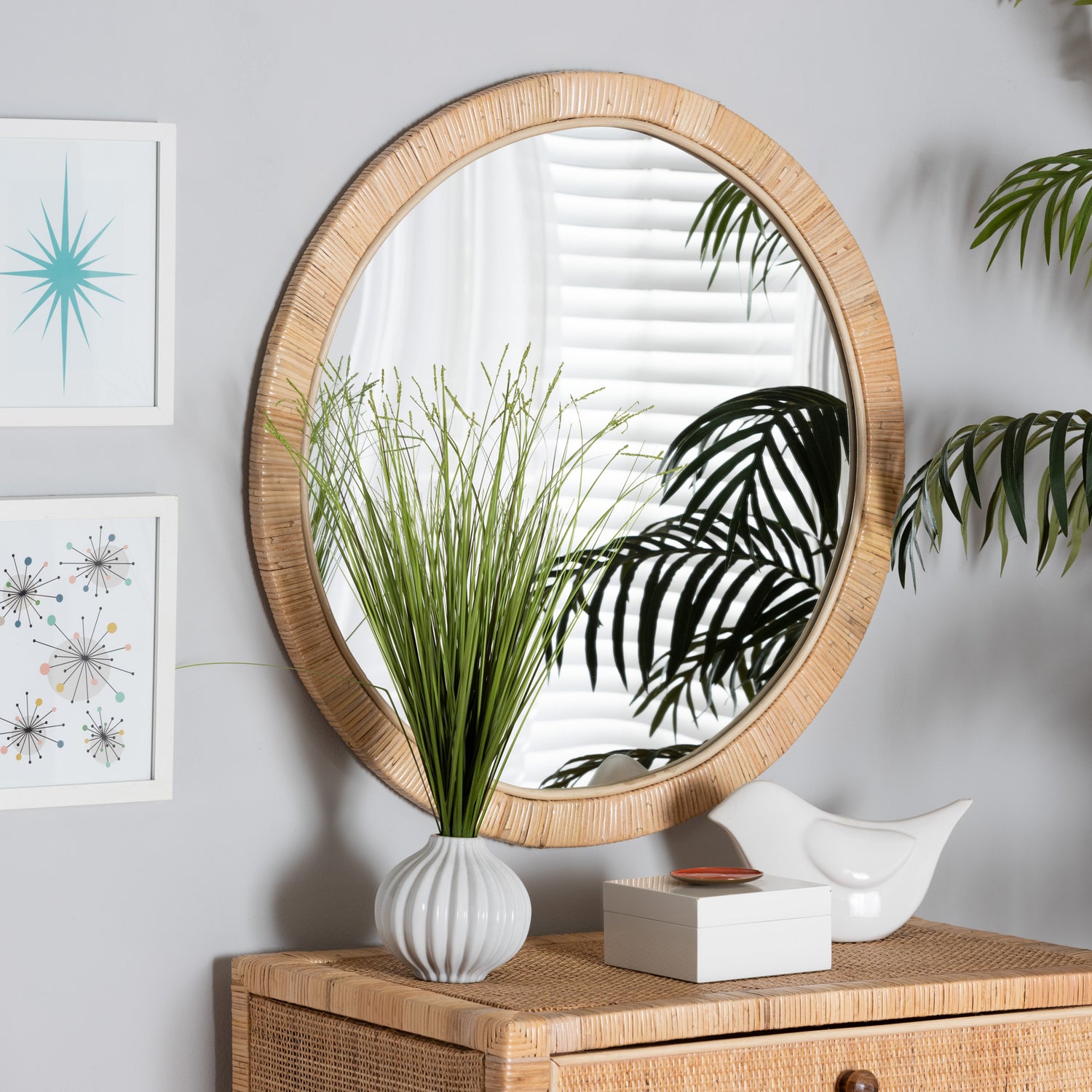 Bella Round Mirror - Modern Bohemian Design in Natural Brown Mahogany and Rattan