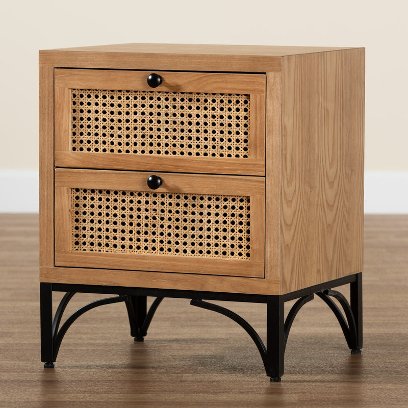 Weslan Mid-Century Modern Industrial End Table with 2 Drawers in Natural Brown Wood and Black Metal for Living Room or Bedroom