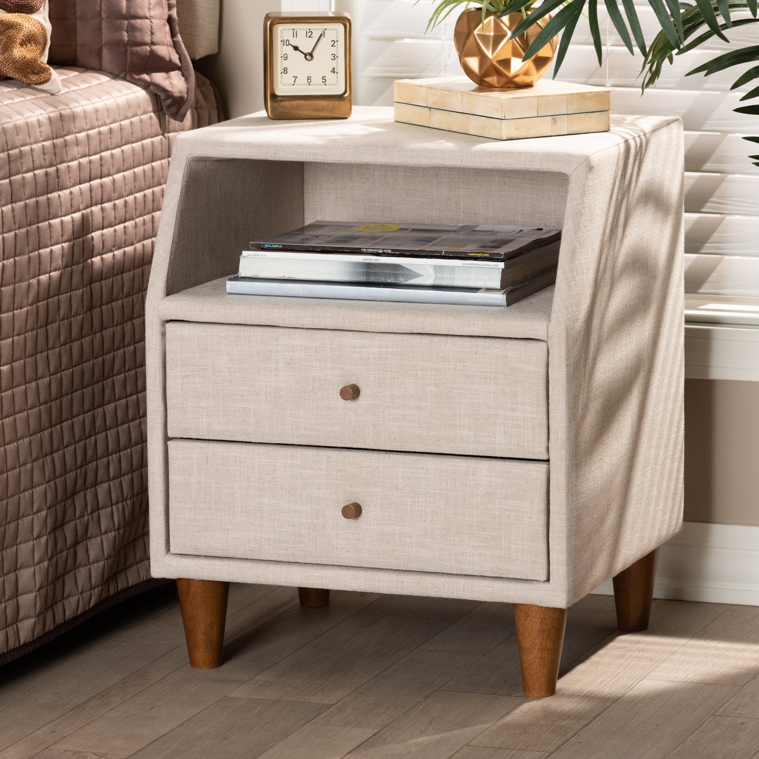 Claverie Nightstand - Mid-Century Modern Beige Fabric Upholstered 2-Drawer Wood