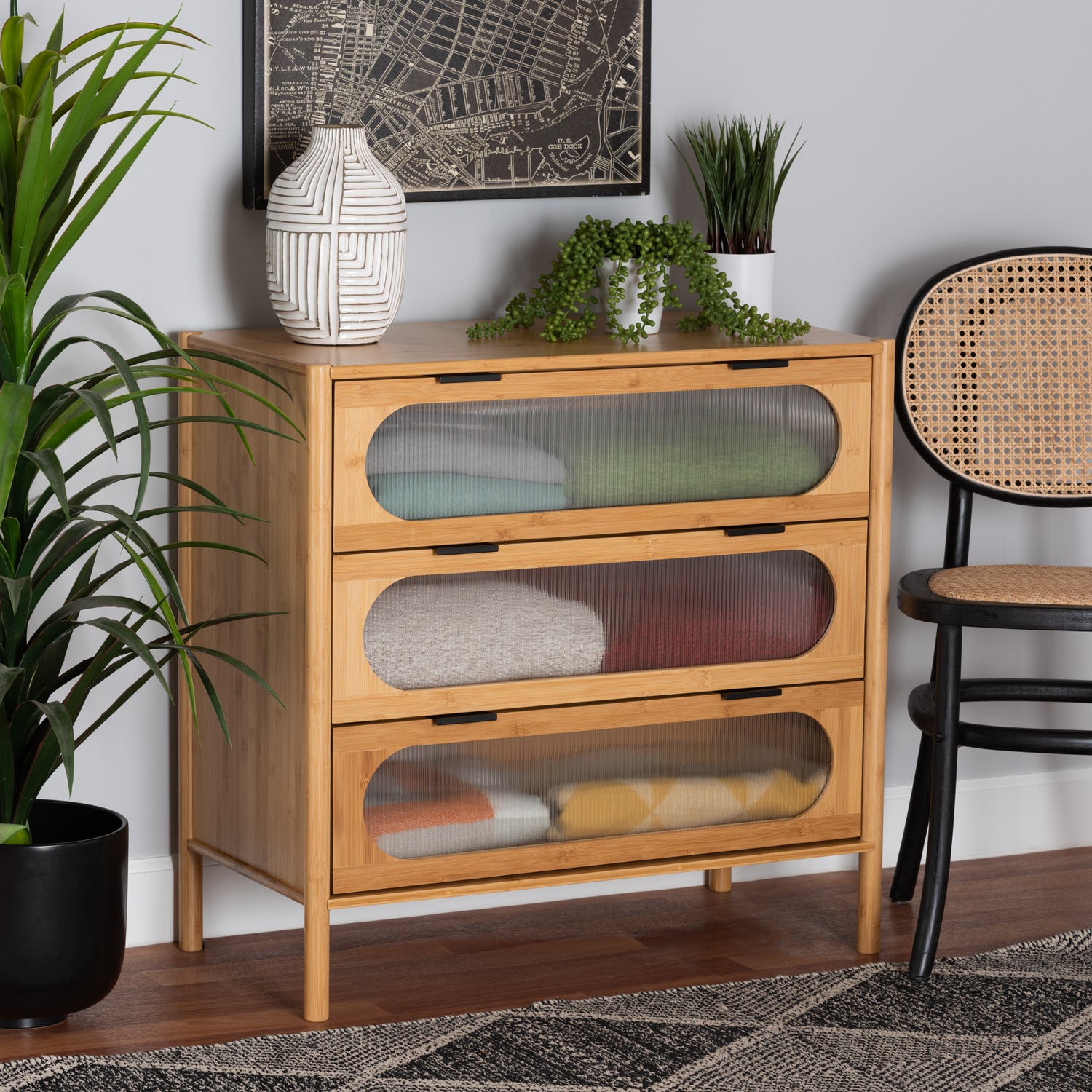 Naresh Storage Cabinet Mid-Century Modern Design in Natural Brown Bamboo Wood with 3 Drawers for Stylish Organization