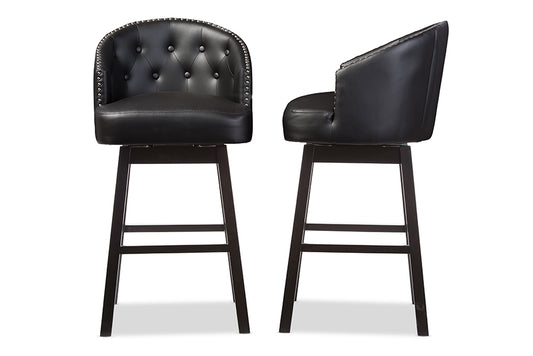 Avril Barstool Modern and Contemporary Black Faux Leather Tufted Swivel with Nail Head Trim Set of 2