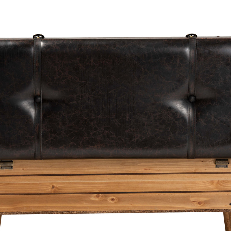 Amena Ottoman Rustic Transitional Dark Brown PU Leather Upholstered and Oak Finished Wood Large Storage