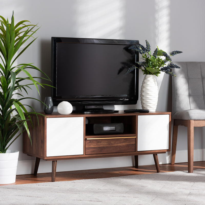 Grover Mid-Century Modern TV Stand - Two-Tone Cherry Brown and White Wood with 2 Doors for Stylish Living Room Storage