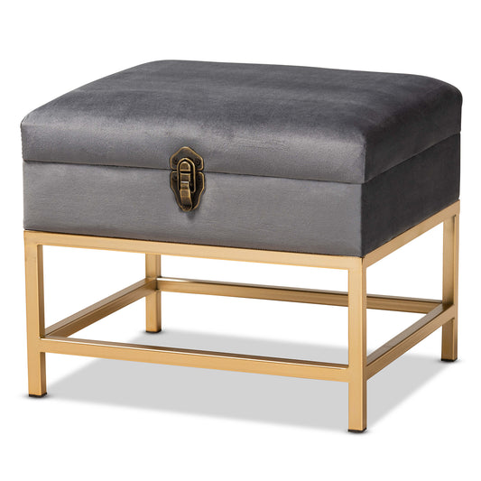 Aliana Ottoman Grey Velvet Fabric Upholstered with Gold Finished Metal Small Storage