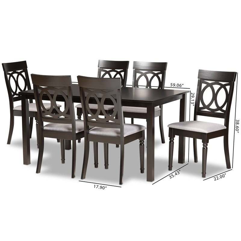 Lucie Dining Set Modern and Contemporary Grey Fabric Upholstered Dark Brown Finished Wood 7-Piece