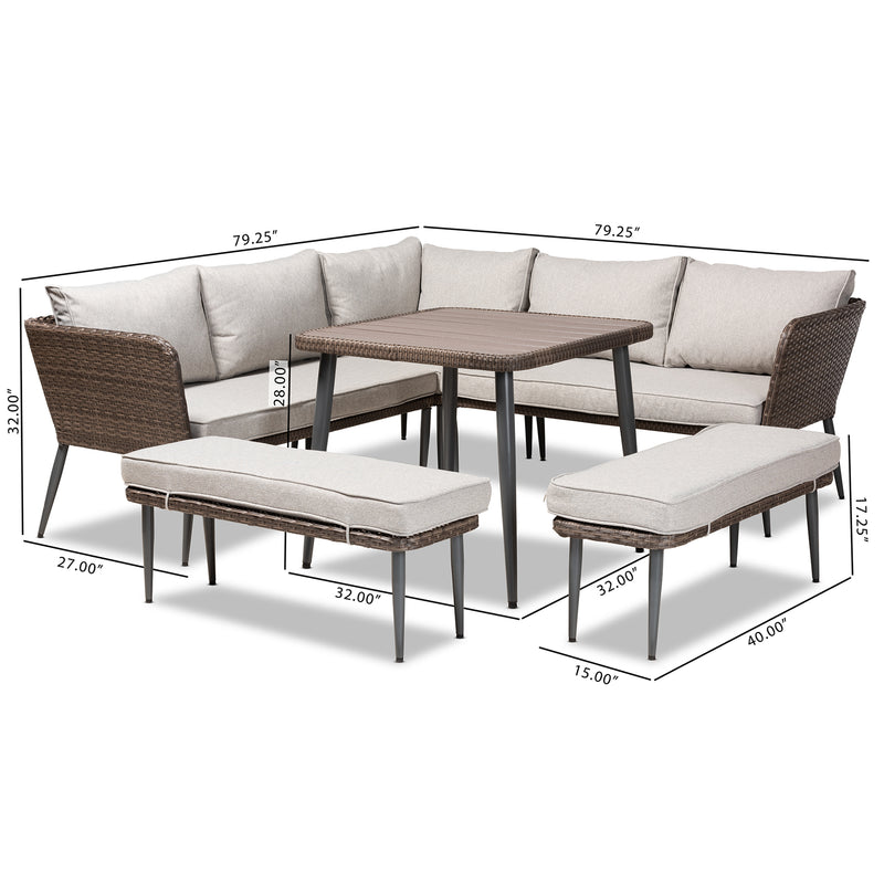 Lillian Outdoor Patio Set Modern 5-Piece Light Grey Upholstered and Brown Woven Rattan Furniture for Garden and Deck