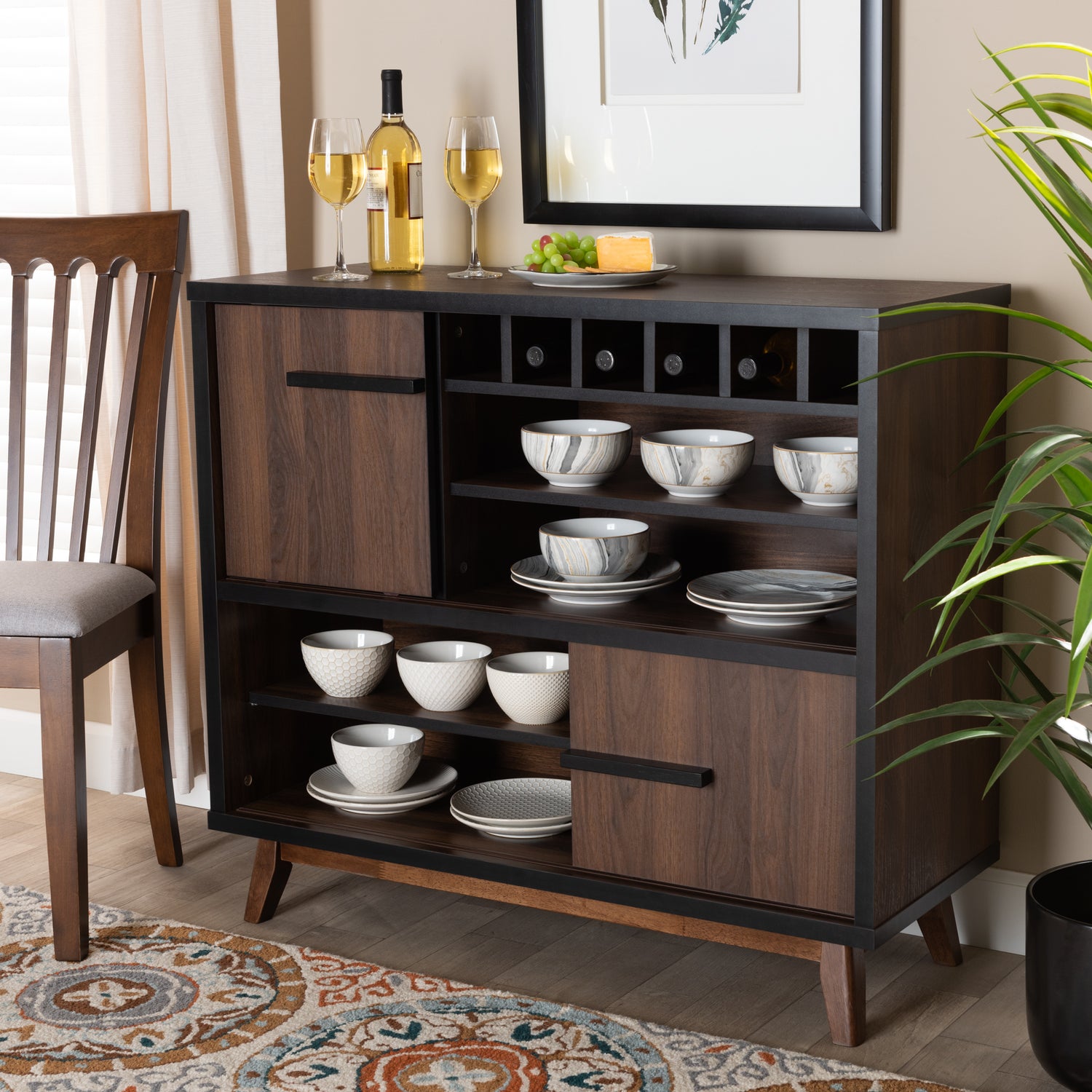 Margo Wine Storage Cabinet Mid-Century Modern Two-Tone Walnut Brown and Black Wood with Ample Storage for Bottles and Glasses