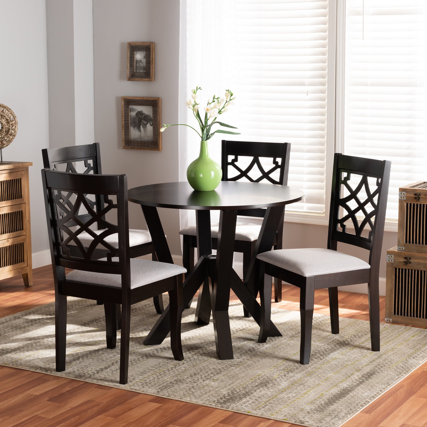 Alisa Dining Set Modern and Contemporary Grey Fabric Upholstered Dark Brown Finished Wood 5-Piece